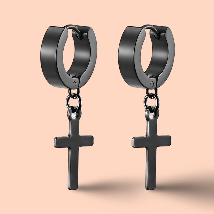 Boucles d'oreilles homme croix Noir