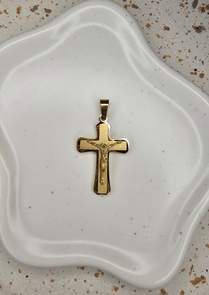 Pendentif croix doré acier inoxydable et plaque or