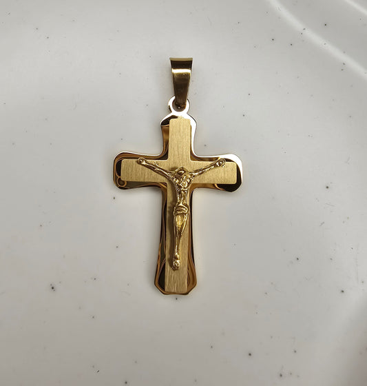 Pendentif croix doré acier inoxydable et plaque or