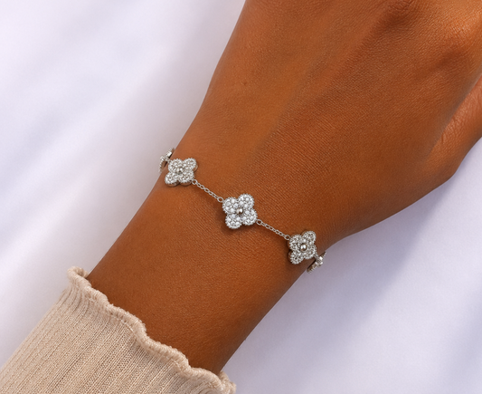 Bracelet trèfle argenté & strass