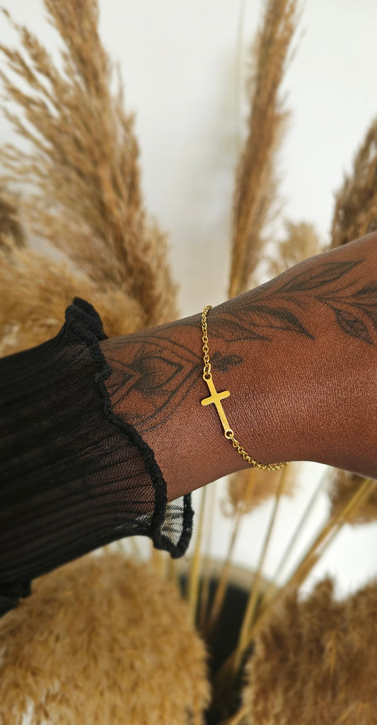 Bracelet acier croix - Doré